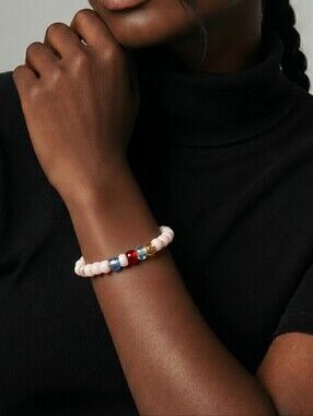 White Beaded Bracelet Red Blue Stack Stretch Bracelet Coastal Americana Style